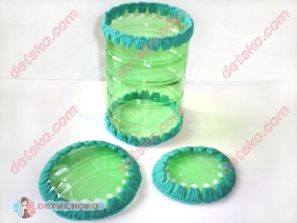 Цветные круглые шкатулки из пластиковых бутылок своими руками. Зелёная 3