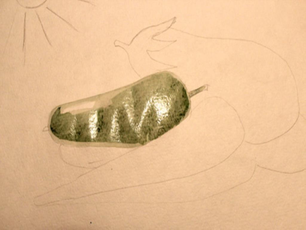 рисуем акварелью зеленый огурец, пошаговый мастер-класс