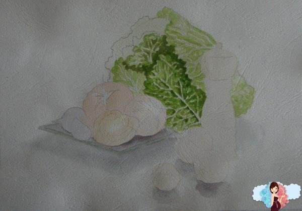 Как нарисовать натюрморт акварелью поэтапно. Овощи. Прописываем савойскую капусту.