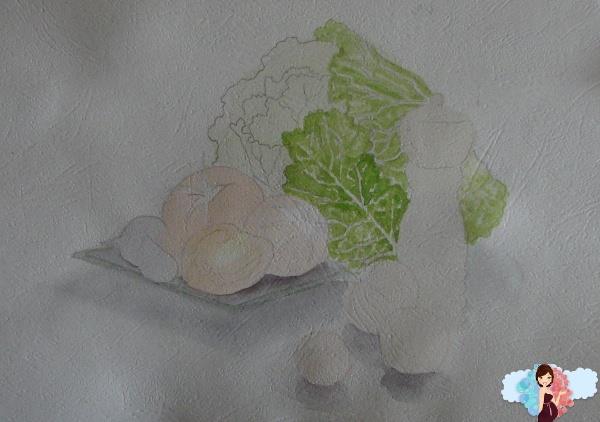 Как нарисовать натюрморт акварелью поэтапно. Овощи.Прописываем листья капусты.