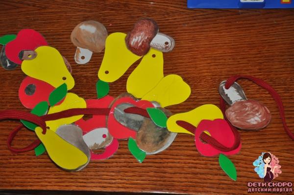 развивающее занятие - задание с ежиком, фрукты, грибы, игра шнуровка своими руками