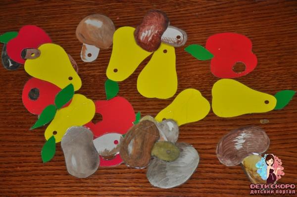 развивающее занятие для маленьких деток - фрукты, грибы, игра шнуровка